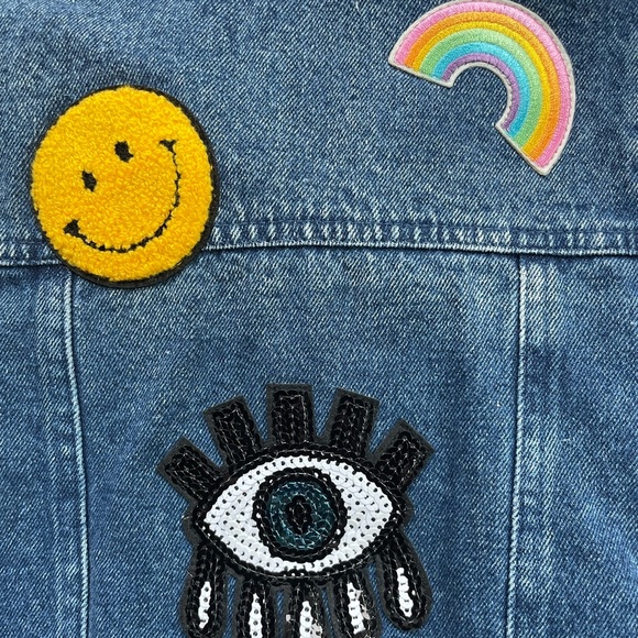 miki miette denim jacket with smiley, rainbow & evil eye patches in EUC. Size 3 - Picture 6 of 8